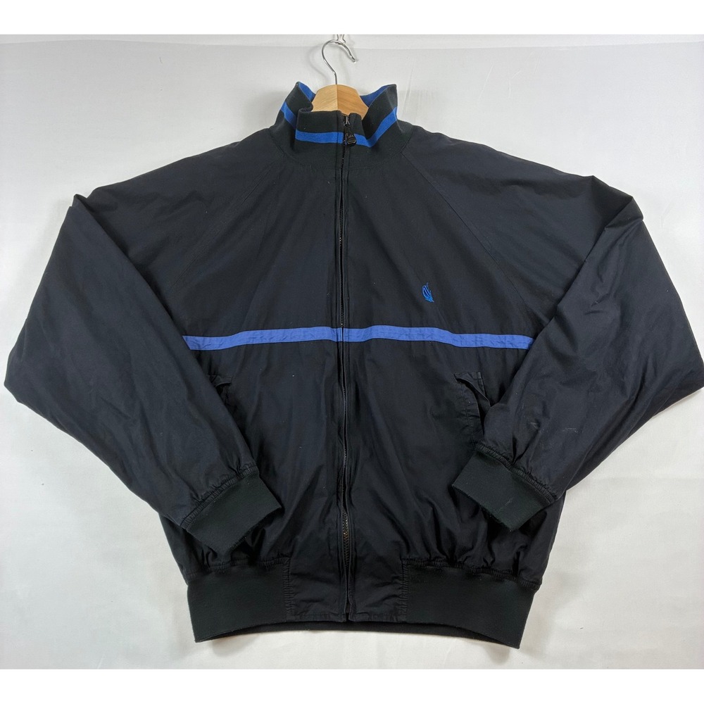 Nautica Bomber Jacket Mens XL Black Blue Stripe Full Zip Pinstripe Lined Cotton